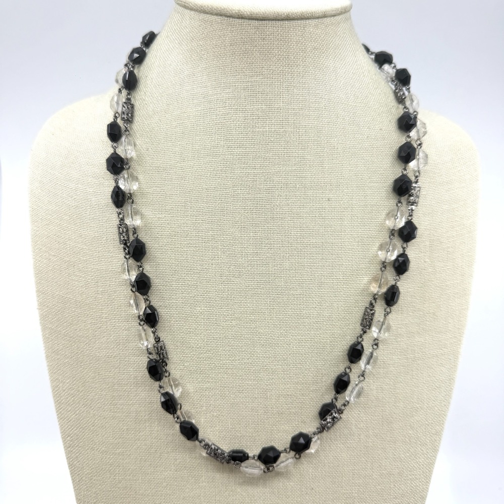 Black Clear Faceted Bead Double Strand Necklace Gunmetal Gothic Statement Gift